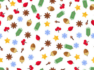 Christmas fir background, realistic look, with berries, star and pearl decorations