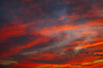 Beautiful bright colorful sky. Picture taken at sunset. Red-orange background with nice paints. Rare sunrise. Natural composition