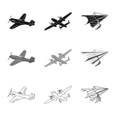 Vector illustration of plane and transport sign. Set of plane and sky stock symbol for web.