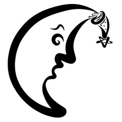 The moon in a hat with a star looks down from the sky