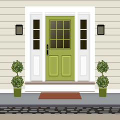 Fototapeta premium House door front with doorstep and mat, steps, lamp, flowers, building entry facade, exterior entrance design illustration vector in flat style