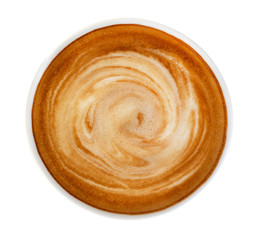 Naklejki  Gorąca kawa latte cappuccino spiralna pianka widok z góry na białym tle, ze ścieżką przycinającą w zestawie