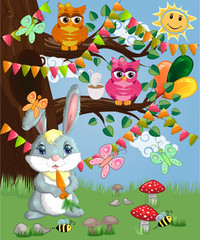 Bunny with a carrot in a forest glade. Spring, love, postcard