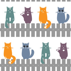 Cute seamless pattern background with cats seating on the fence. Vector illustration