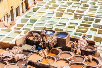 FEZ, MOROCCO, 15 AUGUST 2018: Men working in the traditional and famous tanneries of the medina