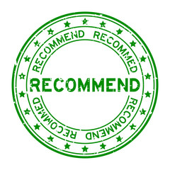 Grunge green recommend word with star icon round rubber seal stamp on white background