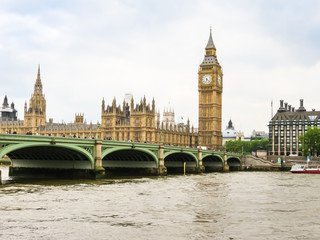 Fototapeta na wymiar Houses of Parliament, Big Ben clocktower and Westminster Bridge. London, UK