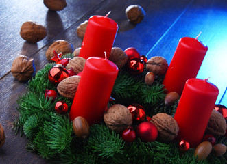 Traditional Advent Christmas decoration with spruce and candles