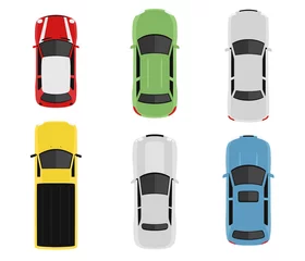 Fotobehang Transportset van bovenaf, bovenaanzicht. Leuke cartoonauto& 39 s met schaduwen. Moderne stedelijke civiele voertuigen collectie. Eenvoudig pictogram of logo. Realistisch ontwerp. Vlakke stijl vectorillustratie. © Ihor