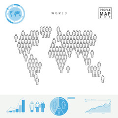 World People Icon Map. People Crowd in the Shape of a World Map. Stylized Silhouette of the World. Population Growth and Aging Infographic Elements. Vector Illustration Isolated on White Background.