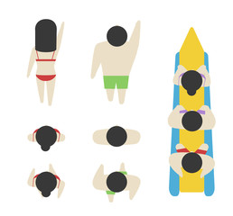 Set of people from above, top view. Simple style. Flat design vector illustration. Staying, walking and swimming different men and women at beach and in water on a rest.