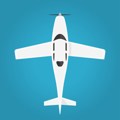 Airplane in the air top view. Flying an airplane with a shadows. Airplane with propeller view from above isolated from the background. Simple design. Flat style realistic vector illustration.