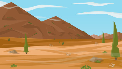 Fototapeta na wymiar A high quality horizontal background of landscape with desert, mountains, trees, rocks, clouds. Simple cartoon 2d landscape for game. Flat style vector illustration.