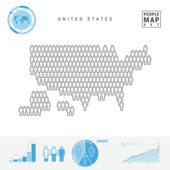 United States People Icon Map. People Crowd in the Shape of a USA Map. Stylized Silhouette of United States. Population Growth and Aging Infographic Elements. Vector Illustration Isolated on White.