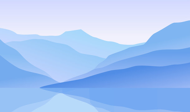 Simple landscape. Hills and mountains. Sunrise. Blue and purple colors. Gradients. Simple modern design. Template for banner or poster. Place for text. Flat style vector illustration.