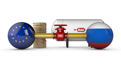 3D illustration of two balls with the flags of the UES and Russia, and a barrel of oil and gas and a pipeline pumping energy. 3D rendering on white background.