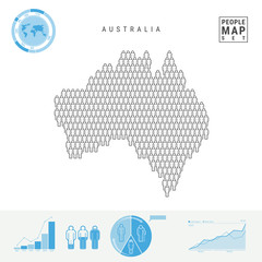 Australia People Icon Map. People Crowd in the Shape of Australia Map. Stylized Silhouette of Australia. Population Growth and Aging Infographic Elements. Vector Illustration Isolated on White.