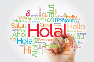 Hola! (Hello Greeting in Spanish) word cloud in different languages of the world with marker, background concept