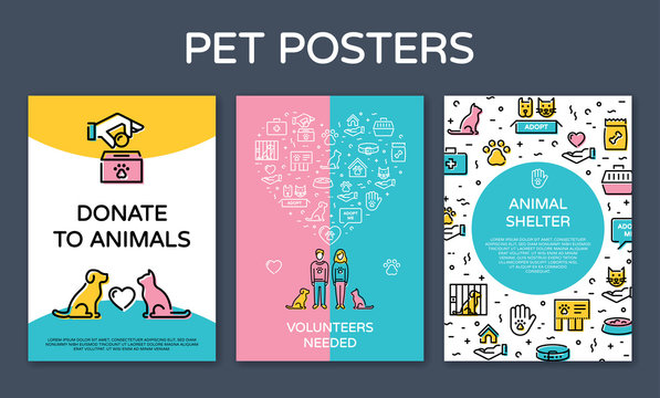 Vector pet design poster set. Icon banner illustrations showing animal charity, donation, volunteering, adoption, care with place for text. Linear pictogram flyers with man, woman, cat, dog, heart
