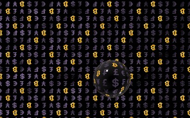 Bitcoin and currency on a dark background. Digital crypto symbol. Currency bubble, wave effect, market fluctuations. Business concept. 3D illustration