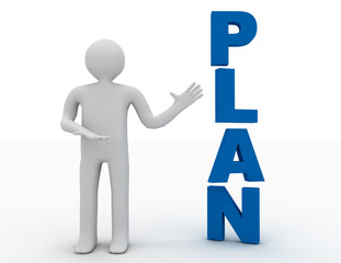 3d illustration of businessman presenting concept word plan.
