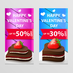 Two discount banners for Valentine's day with chocolate candy in the form of hearts and strawberries