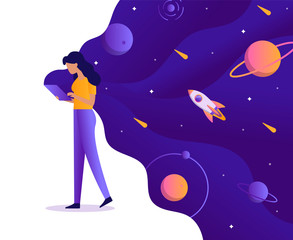 Girl holding a tablet from which flows space. Creativity, generation of new ideas, creation of applications, programs and websites. Web development business concept. Flat vector illustration.