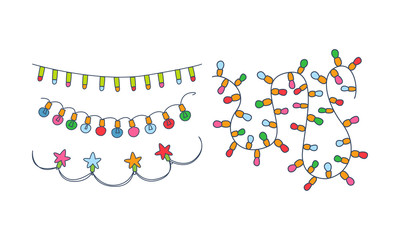 Set of different Christmas garlands. Colorful holiday lights. Festive decorations. Hand drawn vector design