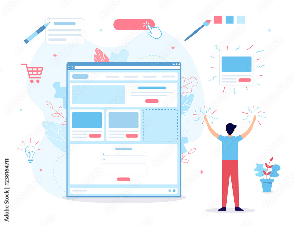 Wall mural a man creates his own website. it's magic. website builder concept. web development. flat vector ill