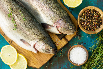 Fresh Fish. Raw Salmon, Lemon and Spice on blue slate table.