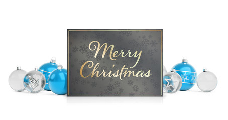 Christmas card greetings laying on isolated blue white baubles 3D rendering