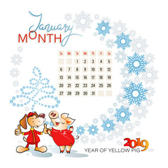 Calendar for January 2019 with a dog and a cute pig. Symbols of 2018 and 2019. Light background with snowflakes. Eastern calendar.