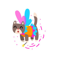 Cute winged cat with a magic wand, fantasy fairy tale animal cartoon character vector Illustration