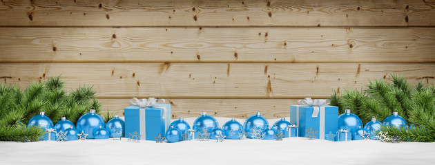 Blue christmas baubles and gifts lined up 3D rendering