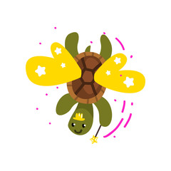 Cute winged turtle with a magic wand, fantasy fairy tale animal cartoon character vector Illustration