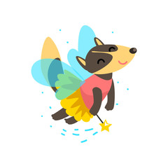 Cute winged wolf flying with a magic wand, fantasy fairy tale animal cartoon character vector Illustration