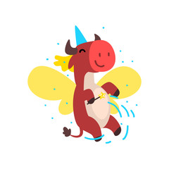Cute winged cow flying with a magic wand, fantasy fairy tale animal cartoon character vector Illustration