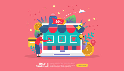 Online shopping banner. Business concept for Sale e-Commerce with smartphone and tiny people character. template for web landing page, presentation, social media and print media. Vector illustration.