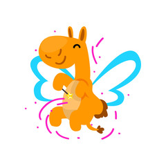 Cute happy winged camel with a magic wand, fantasy fairy tale animal cartoon character vector Illustration