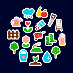 Concept with garden icons in the circle on dark background. Vector illustration in flat style