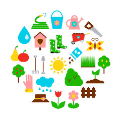 Fototapeta premium Concept with garden icons in the circle. Vector illustration in flat style