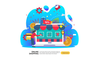 Fototapeta na wymiar Online shopping banner. Business concept for Sale e-Commerce with smartphone and tiny people character. template for web landing page, presentation, social media and print media. Vector illustration.