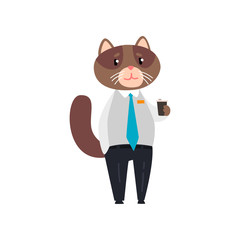 Businessman cat standing with cup of tea, humanized animal cartoon character at work vector Illustration