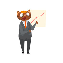 Businessman cat making presentation and explaining chart, humanized animal cartoon character in a suit at work vector Illustration