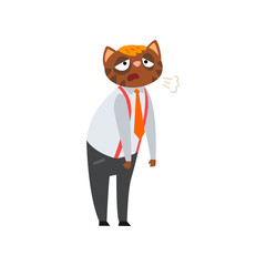 Tired overworked businessman cat, humanized animal cartoon character at work vector Illustration