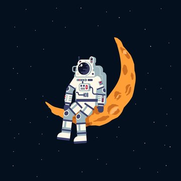 An astronaut in a spacesuit sits on the moon crescent. Vector flat illustration.