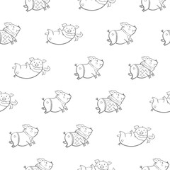 Seamless pattern with lovely cute cheerful piggies. Winter background in hand drawn style.