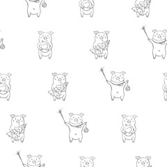 Seamless pattern with lovely cute cheerful piggies. Winter background in hand drawn style.