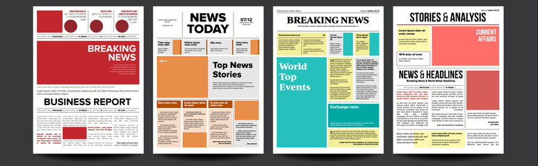 Newspaper Cover Set Vector. With Headline, Images, Page Articles. Newsprint, Reportage Information. Press Layout. Daily Journal Design. Financial News Articles, Advertising Business Information - obrazy, fototapety, plakaty