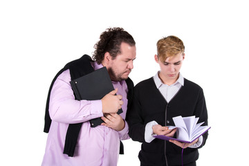 Funny student and teacher. White background. 